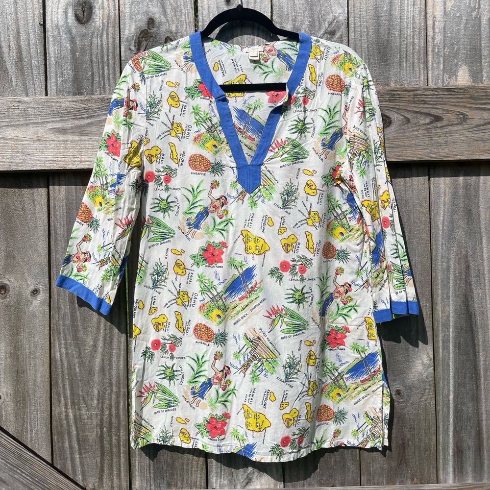 J. Crew White Hawaiian Print Tunic with Blue Trim - Picture 2 of 9